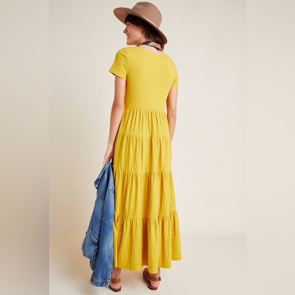 Maeve Anthropologie Mustard Yellow Gillian Tiered Maxi Dress sz S milkmaid - Picture 3 of 10